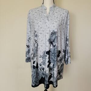 BaiShengGT 2XL 3/4 Sleeve Tunic Top Rounded Hem V-Neck Stretch Relaxed Floral
